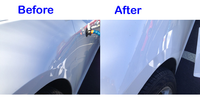 white car dent before and after